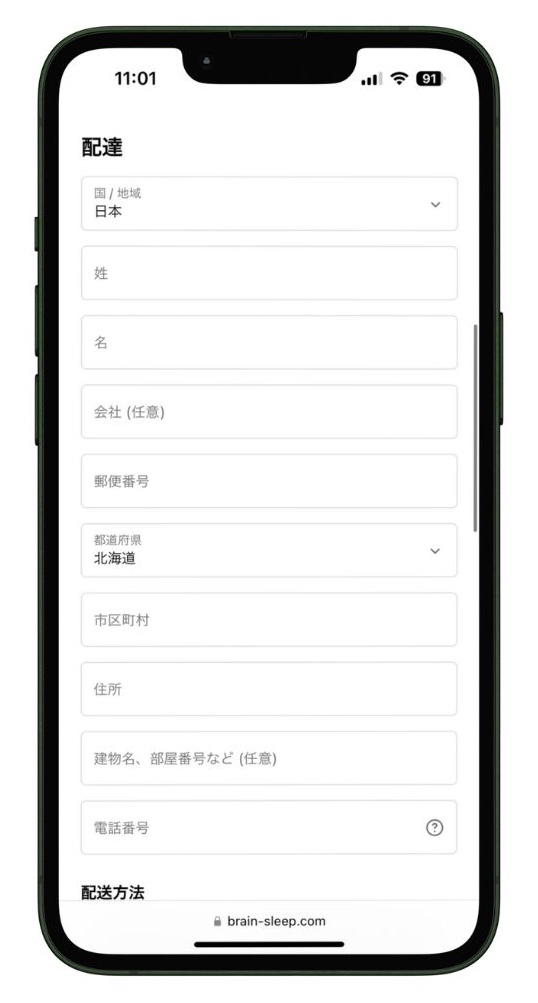 ブレインスリープ ピローの配送情報入力画面2